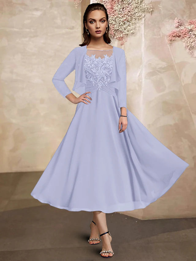 Zweiteiliges A-Linien-Kleid für die Mutter der Braut, Übergröße, eleganter Rundhalsausschnitt, knielang, Chiffon-Spitze, Wickelkleid mit halben Ärmeln und gerüschten Paillettenrüschen